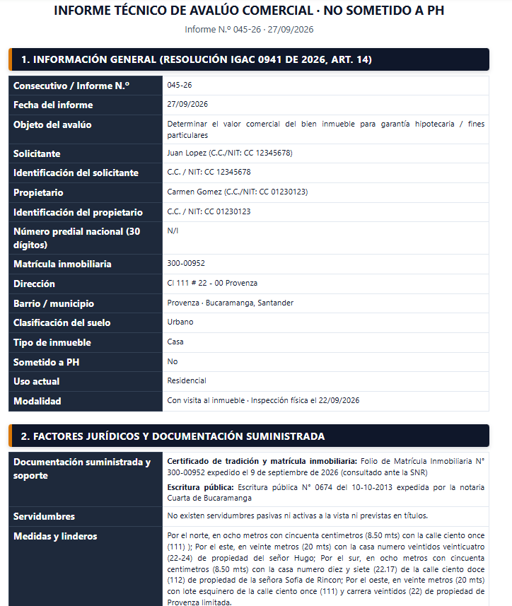 Informe técnico de avalúo comercial terminado bajo Resolución IGAC 0941 de 2026